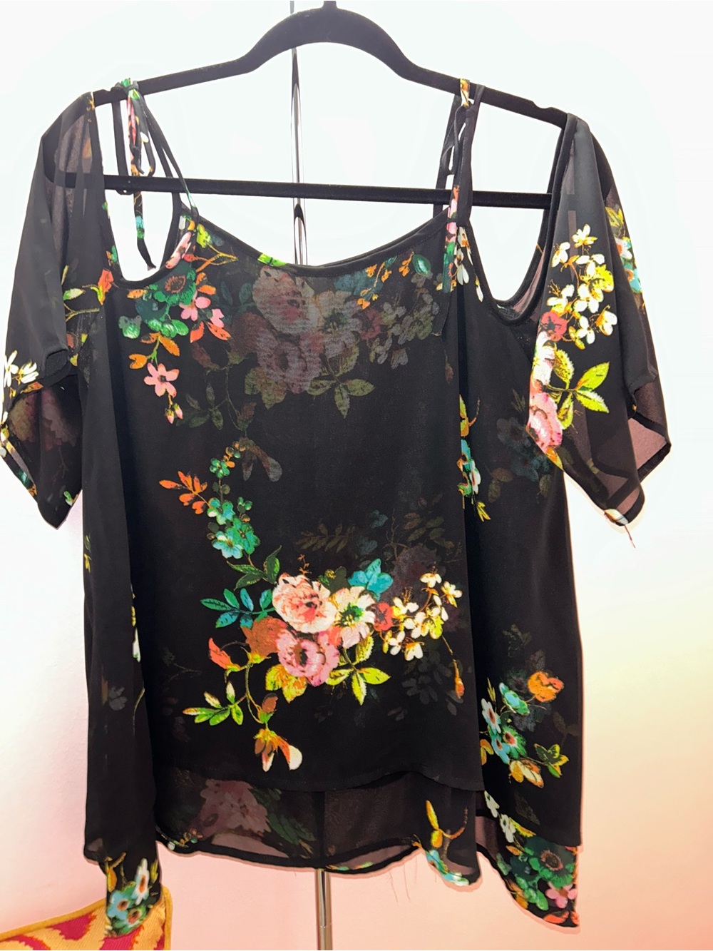 Xhilaration Black Floral Cold-Shoulder Blouse with Shoulder Ties